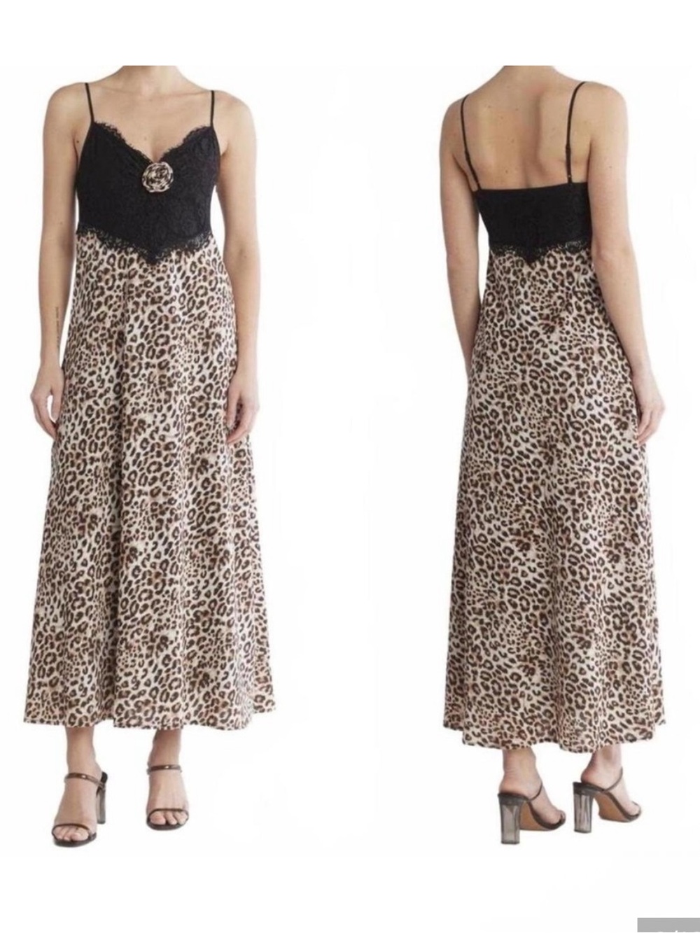 WAYF Leopard Print Lace Bodice Maxi Dress with Rosette Detail